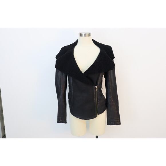 ALL SAINTS Nene Black Leather Sherpa Mixed Media Moto Jacket SZ 8 - Picture 1 of 16